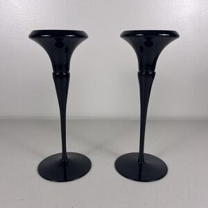 Vintage 1985 Oneida‎ Jet Black Lead Crystal 9.5" Candlestick Holders Pair Glass